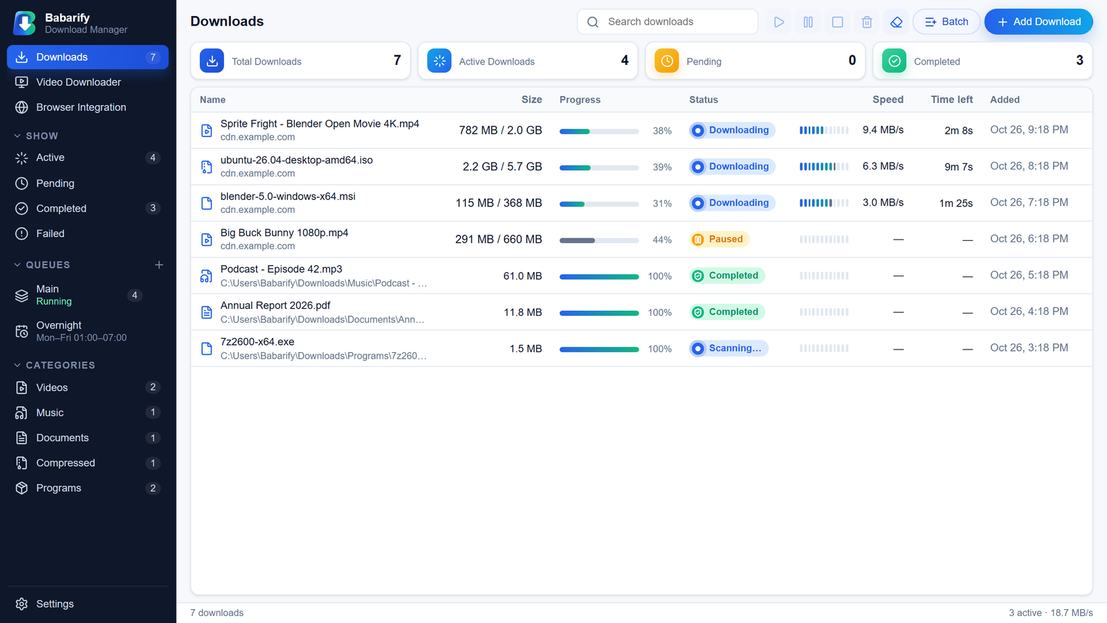 BDM main window: a download list with live LED speed meters, paused and finished files.