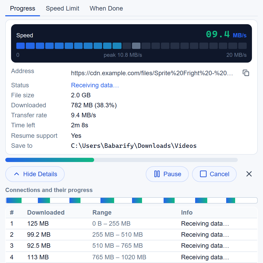 BDM download window: navy speed panel, download details and eight connections.