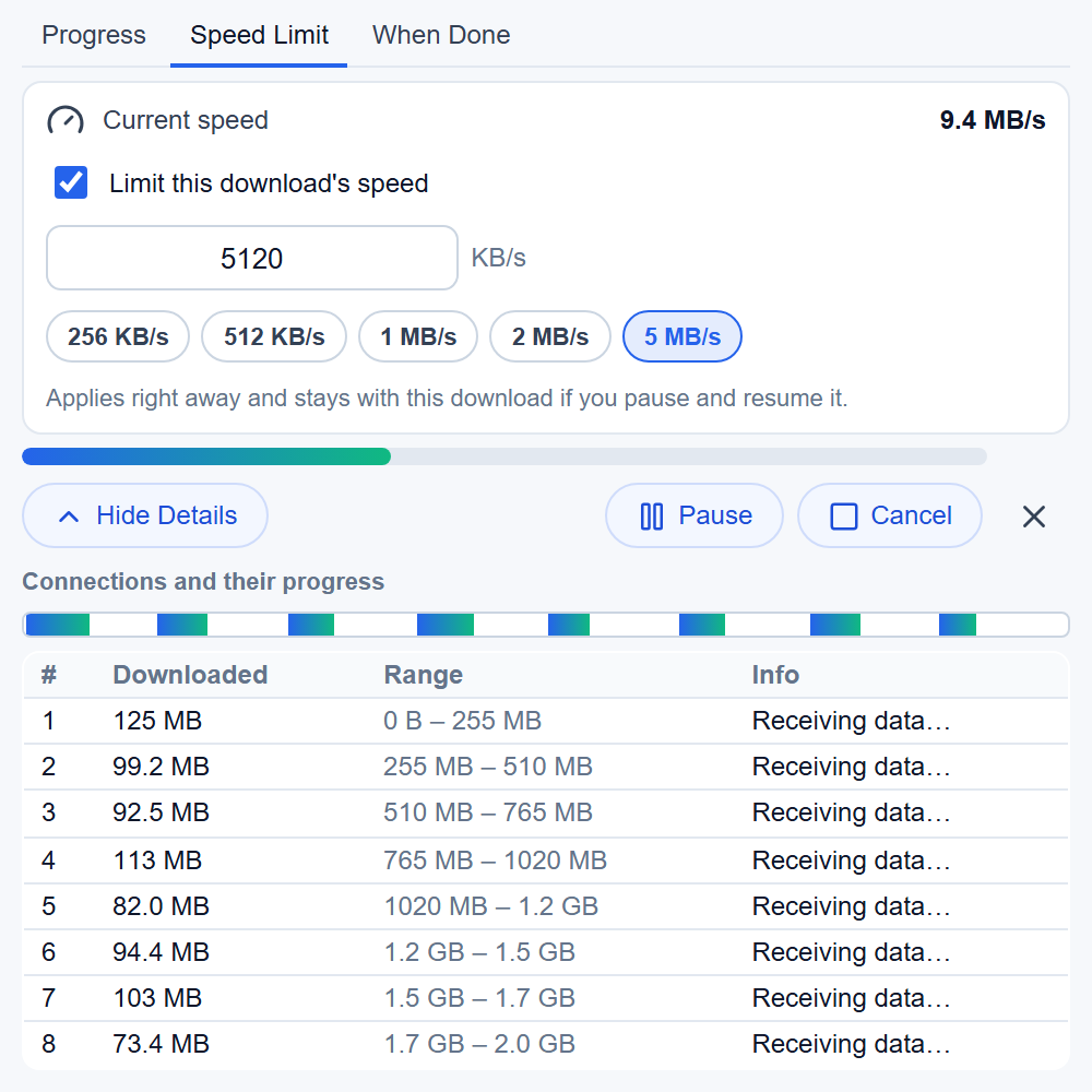 BDM download window with a 5 MB/s speed limit.