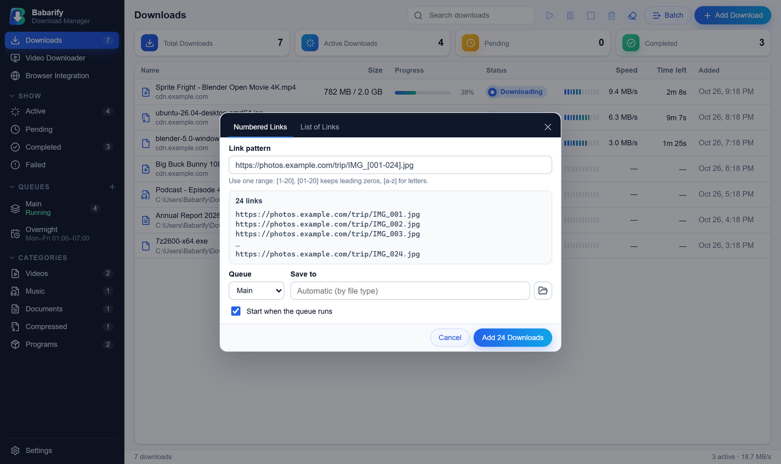 BDM batch dialog expanding a numbered pattern into 24 links.