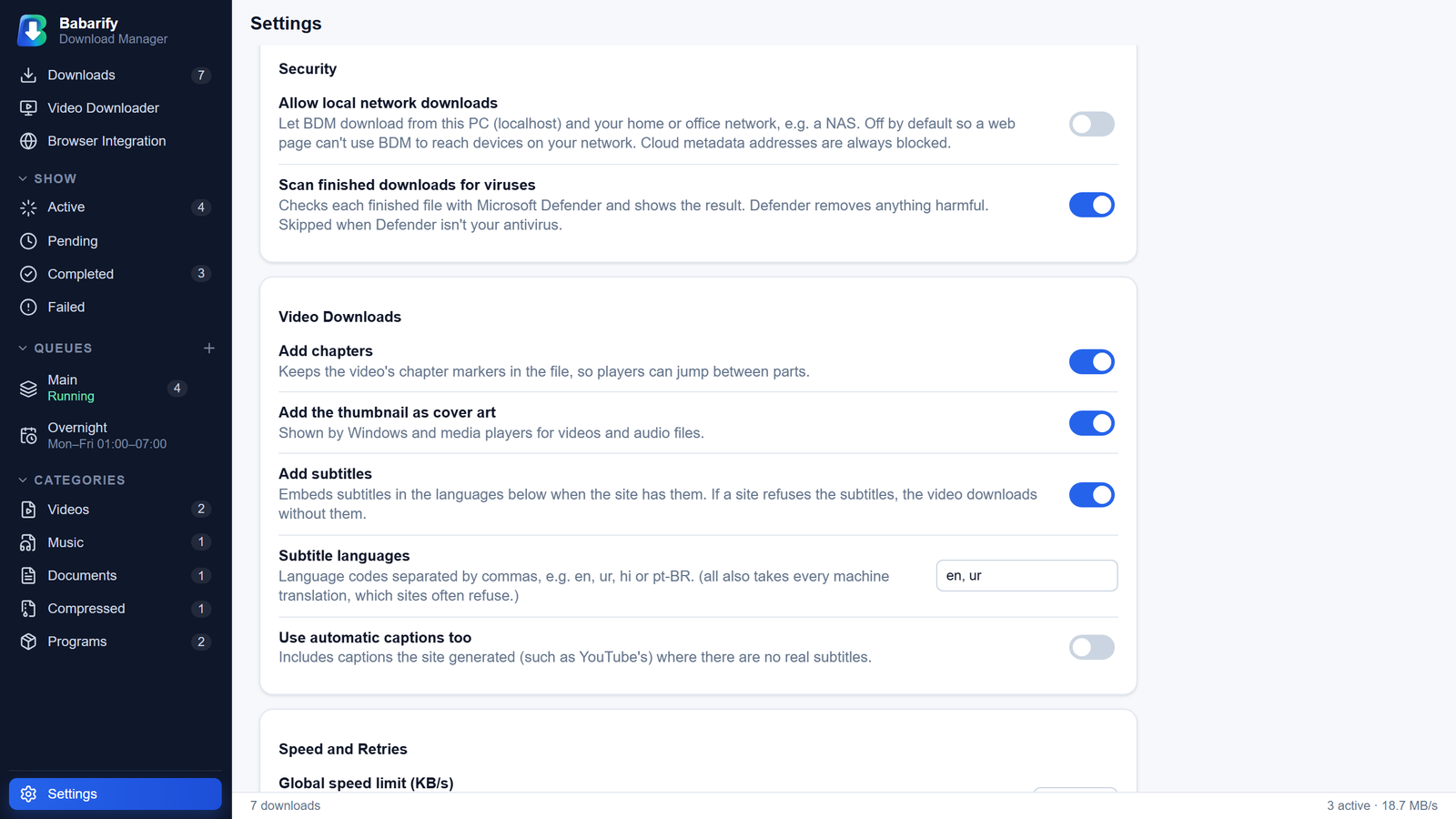 BDM security settings with local-network blocking and Microsoft Defender scanning.
