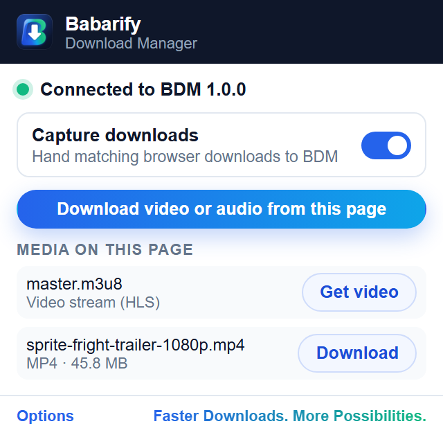 BDM browser extension popup: connected, capture on, media found on the page.