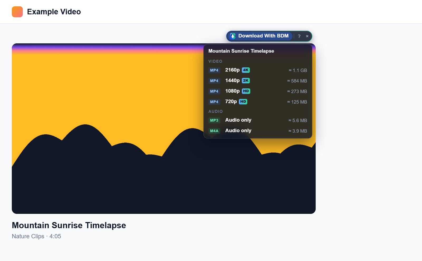 The “Download With BDM” panel over a video, with 4K to audio-only choices.